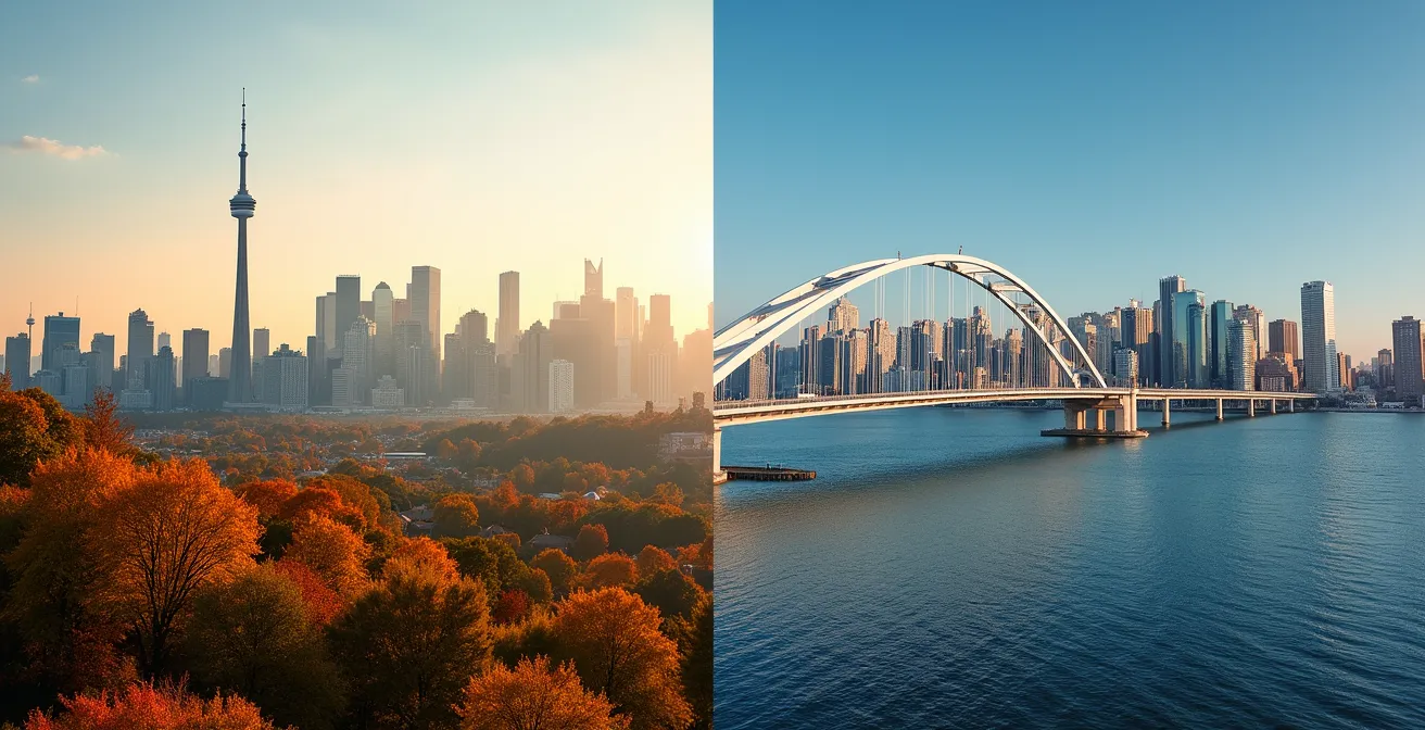 Compressed telephoto view of Toronto skyline from Riverdale Park East with autumn foliage framing