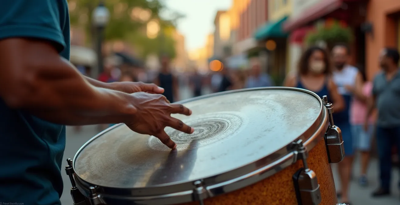 Steel drum musician performing on a cobblestone street corner with Victorian buildings behind