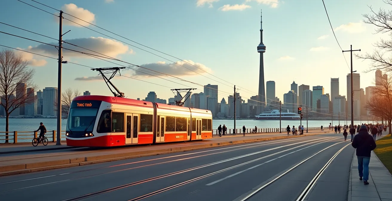 TTC streetcar traveling along Toronto's harbourfront with city skyline view