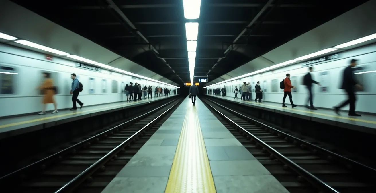 Underground TTC subway station platform with commuters during marathon day