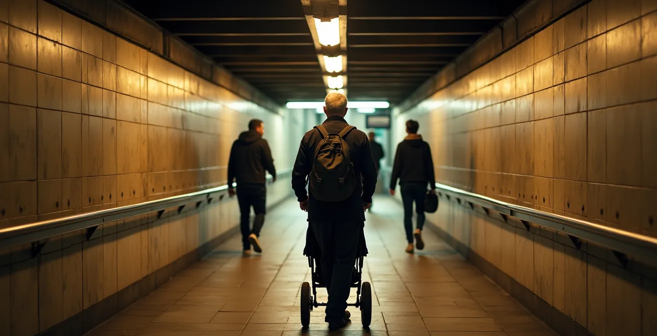 Underground transfer corridor at St. George station showing the long walkway between platforms