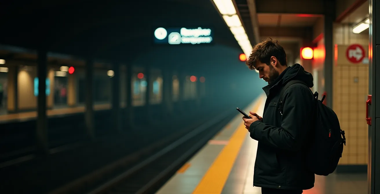 Illuminated Toronto subway platform at night with safety features visible