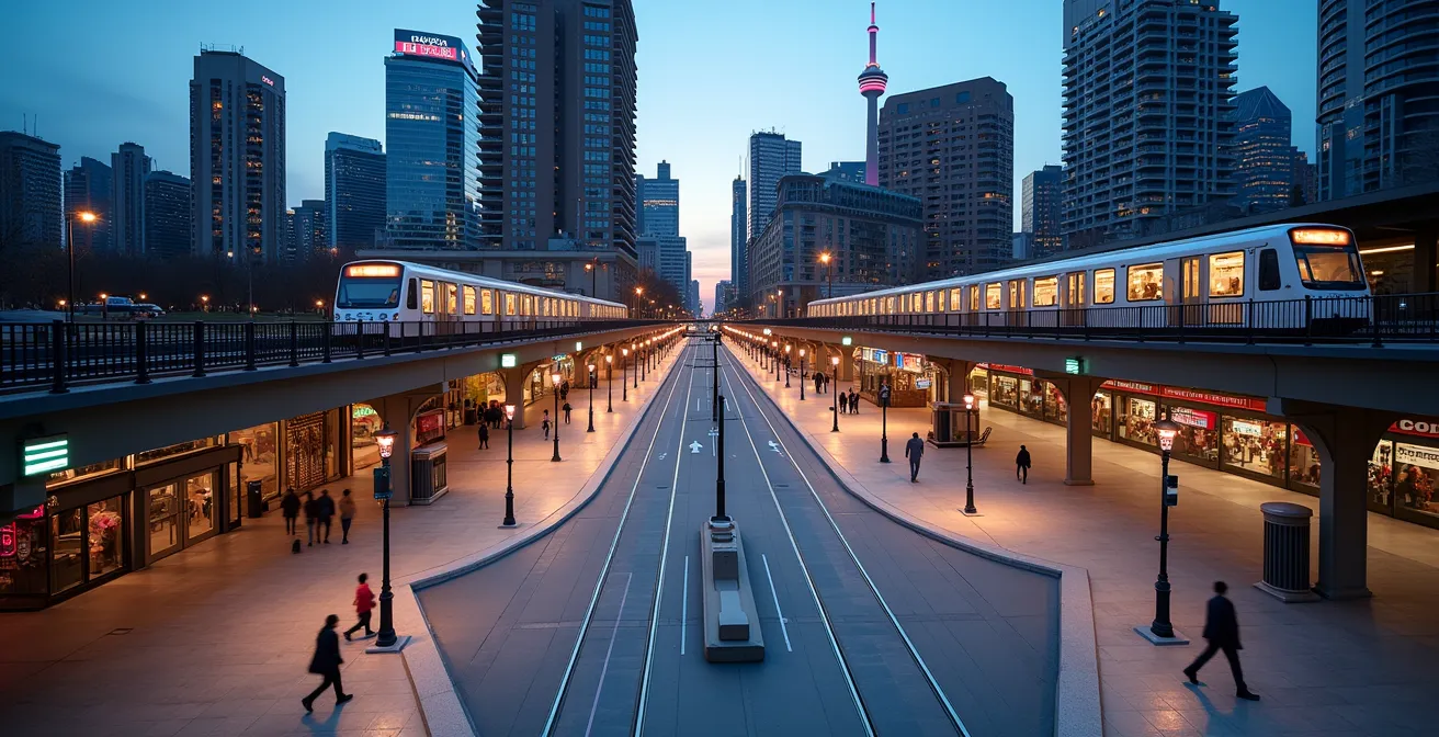 Aerial view of Toronto transit hub showing multiple transportation connections