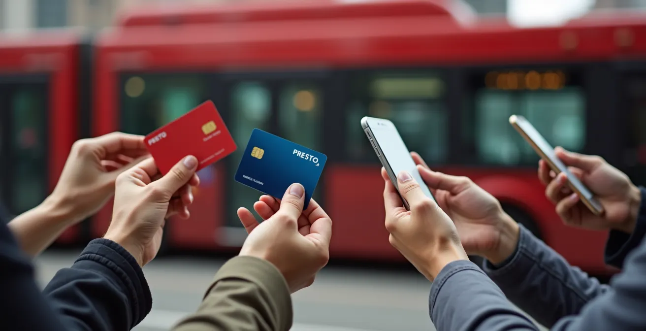 Hands holding different payment methods against Toronto streetcar background
