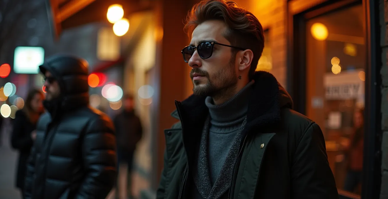 Stylish people in layered winter outfits outside a Toronto bar entrance