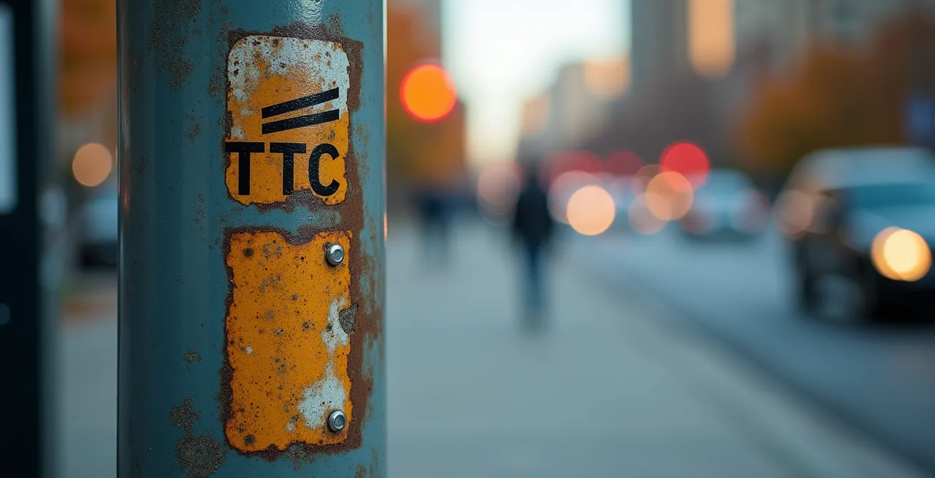 Close-up of TTC bus stop pole showing stop number location for SMS service