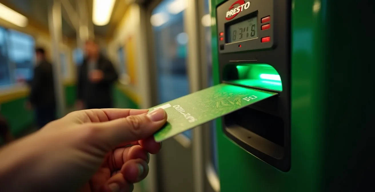 Close-up of hand tapping PRESTO card on TTC streetcar reader at door entrance