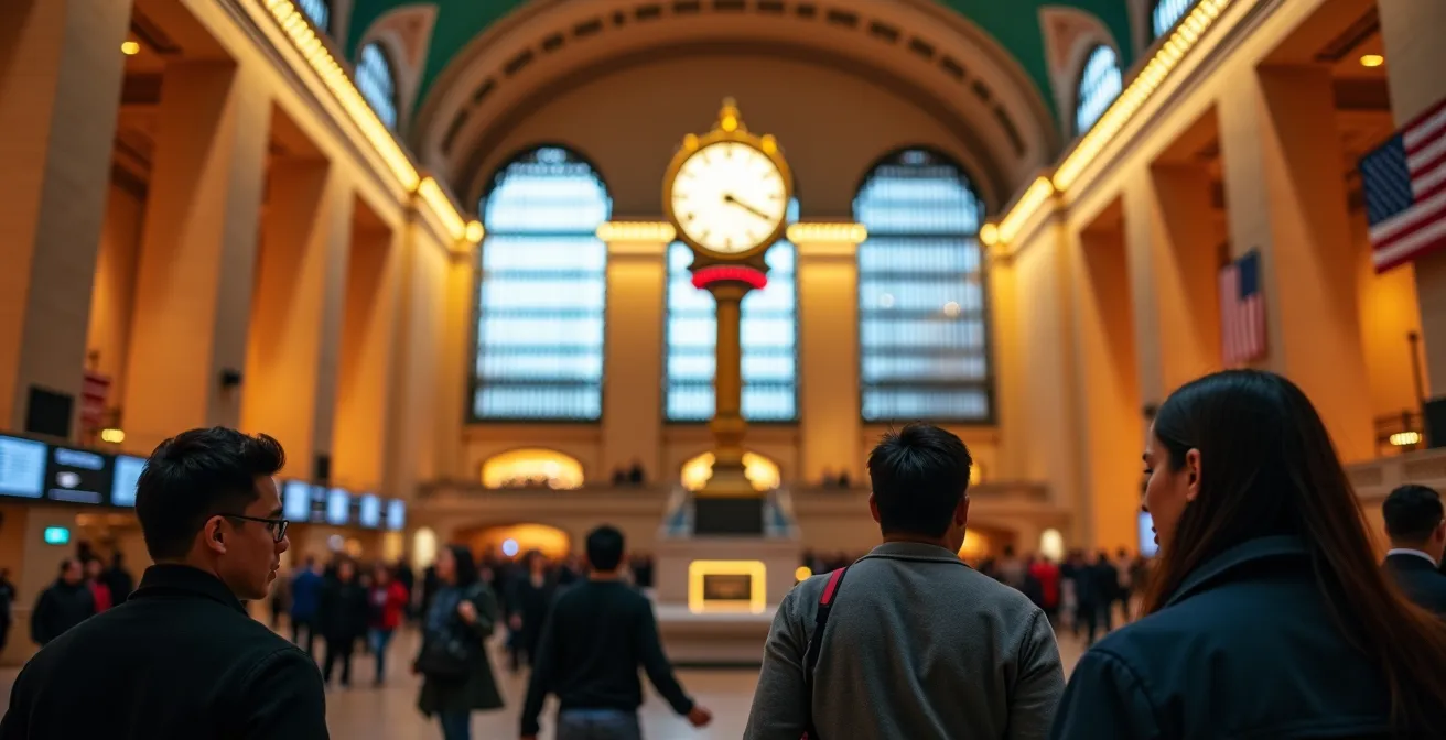 Iconic clock at Union Station serving as a central meeting point for travelers in Toronto