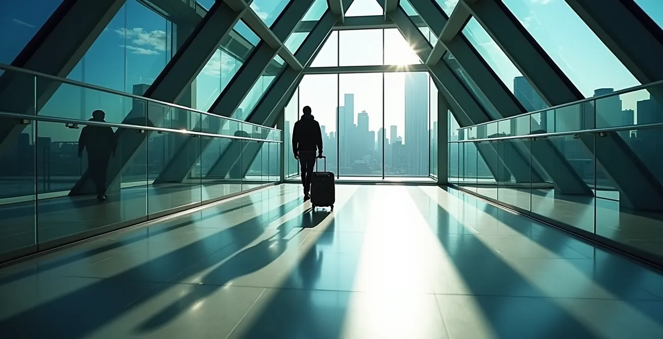 Modern glass-enclosed SkyWalk corridor connecting to UP Express platform