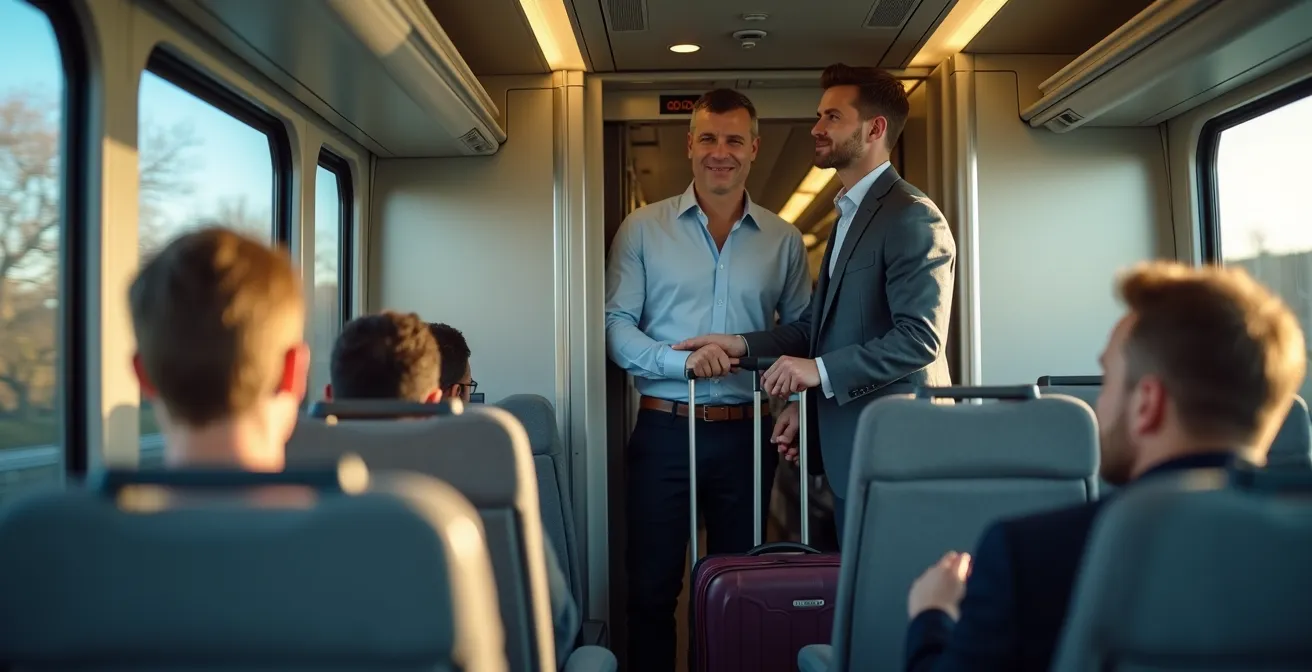 Interior view of UP Express train showing spacious luggage racks and comfortable seating