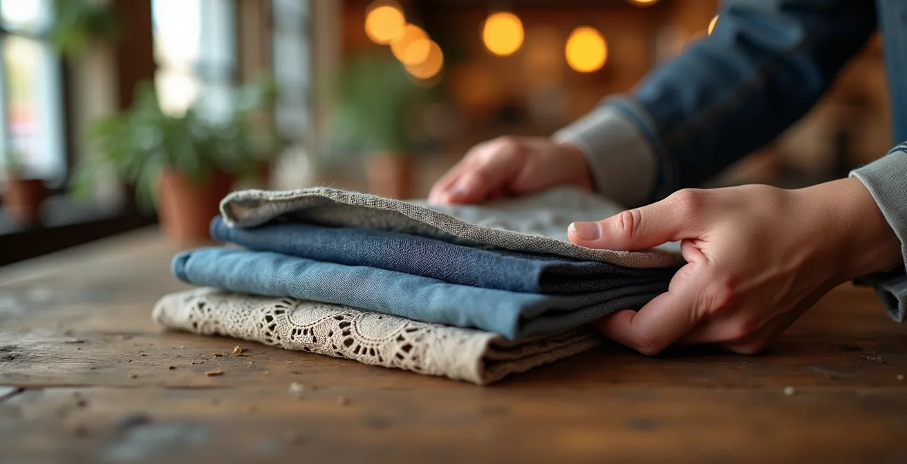 Hands examining multiple vintage garments on a wooden counter in warm shop lighting