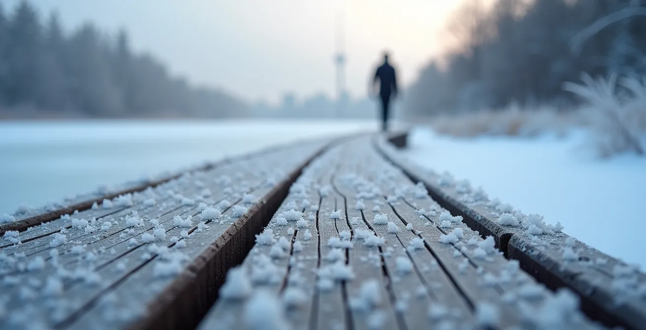 Snow-covered boardwalk path with frozen lake and distant Toronto skyline